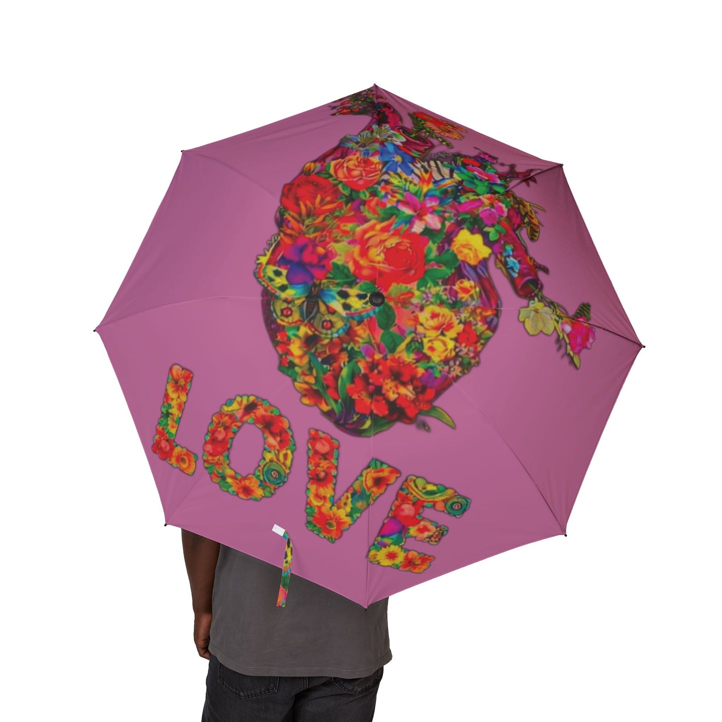 Floral Bird Compact Umbrella — Pink Foldable Semi-Automatic Rain Umbrella