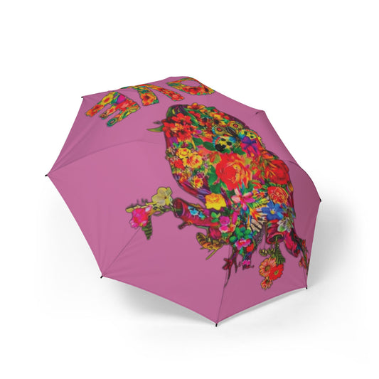 Floral Bird Compact Umbrella — Pink Foldable Semi-Automatic Rain Umbrella