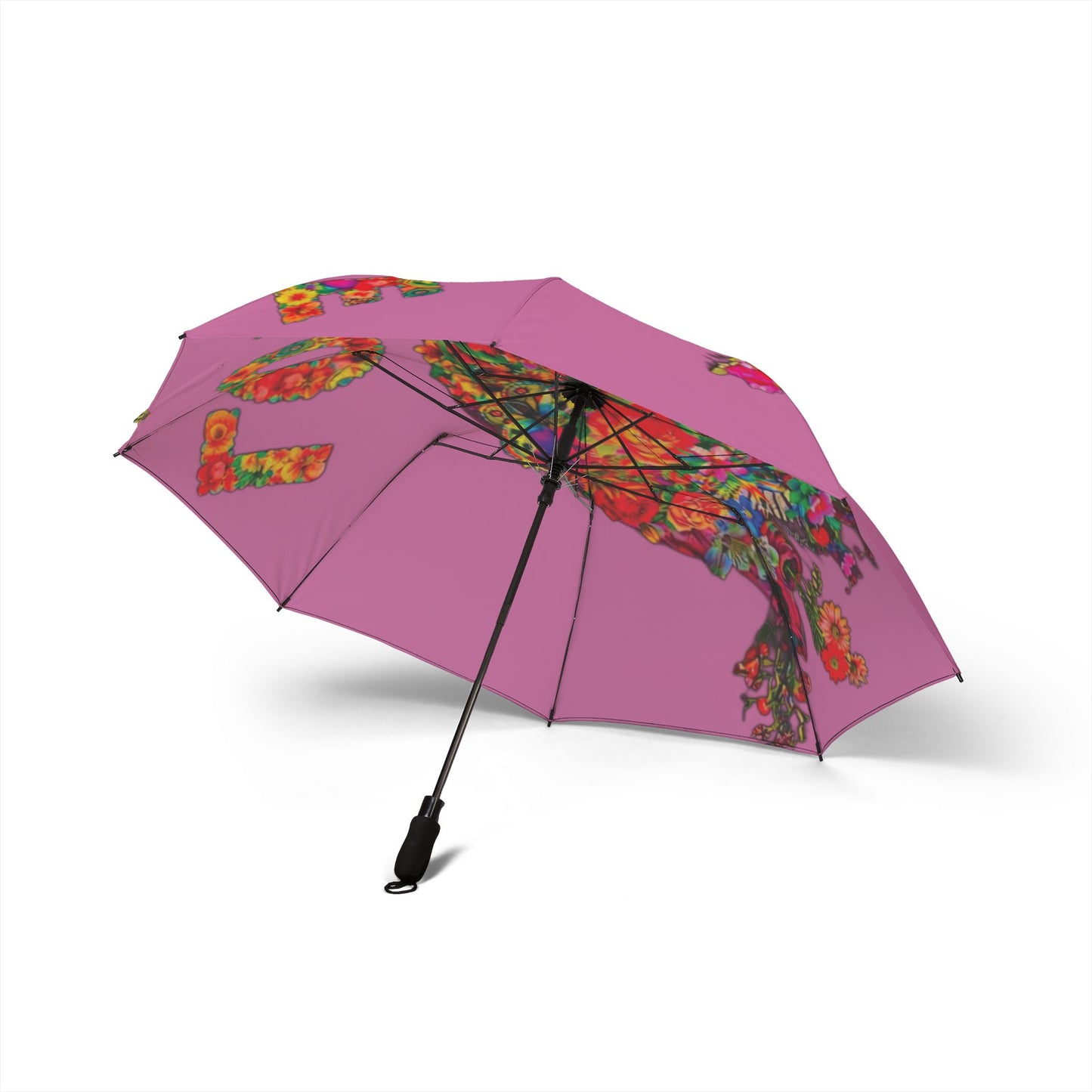 Floral Bird Compact Umbrella — Pink Foldable Semi-Automatic Rain Umbrella