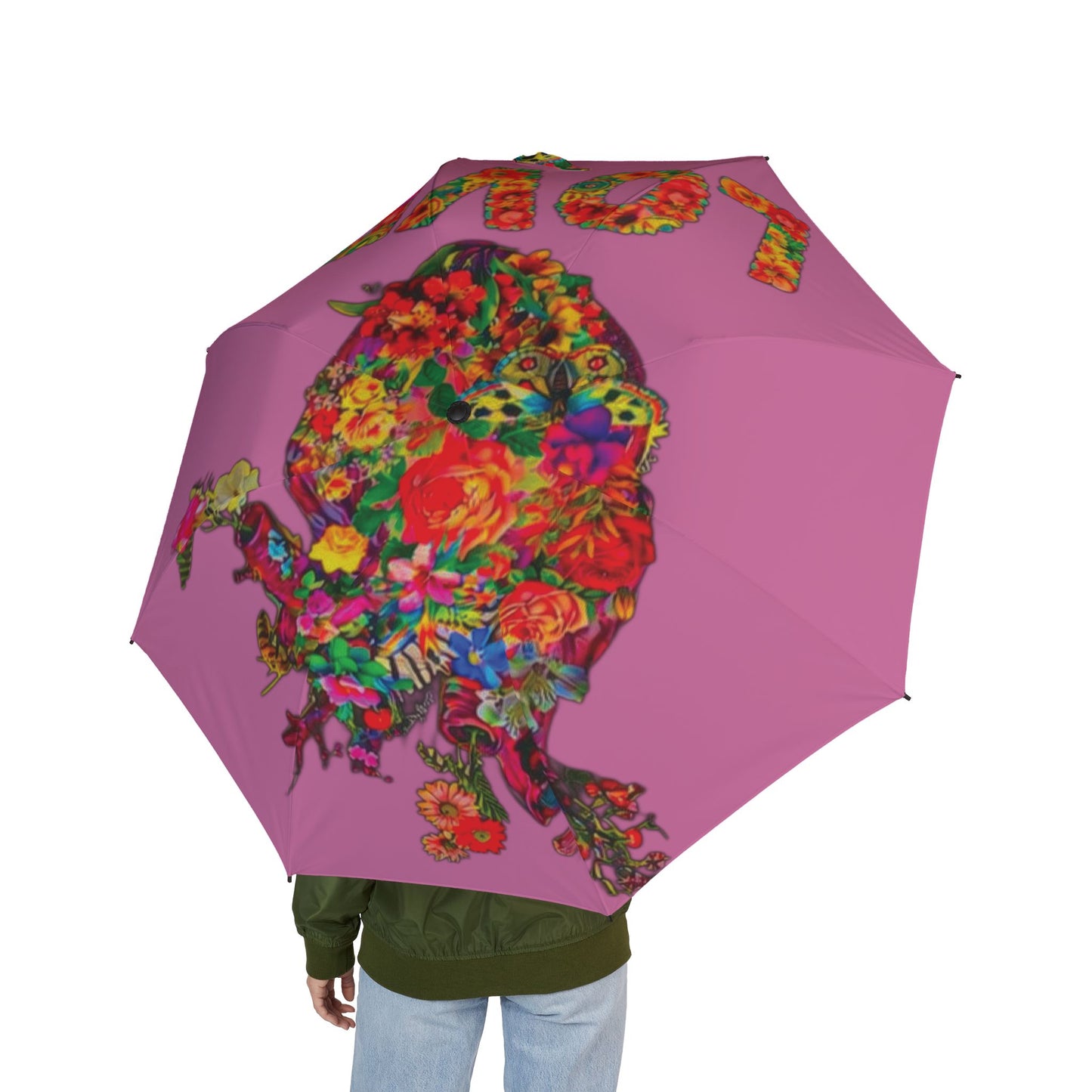 Floral Bird Compact Umbrella — Pink Foldable Semi-Automatic Rain Umbrella